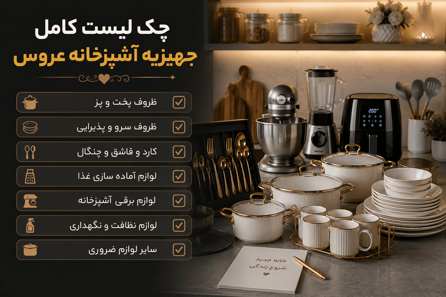 چک لیست کامل جهیزیه آشپزخانه عروس؛ راهنمای خرید لوازم ضروری، سرویس قابلمه، سرویس غذاخوری، لوازم برقی، بودجه‌بندی حرفه‌ای و نکات مهم برای خرید هوشمندانه جهیزیه.