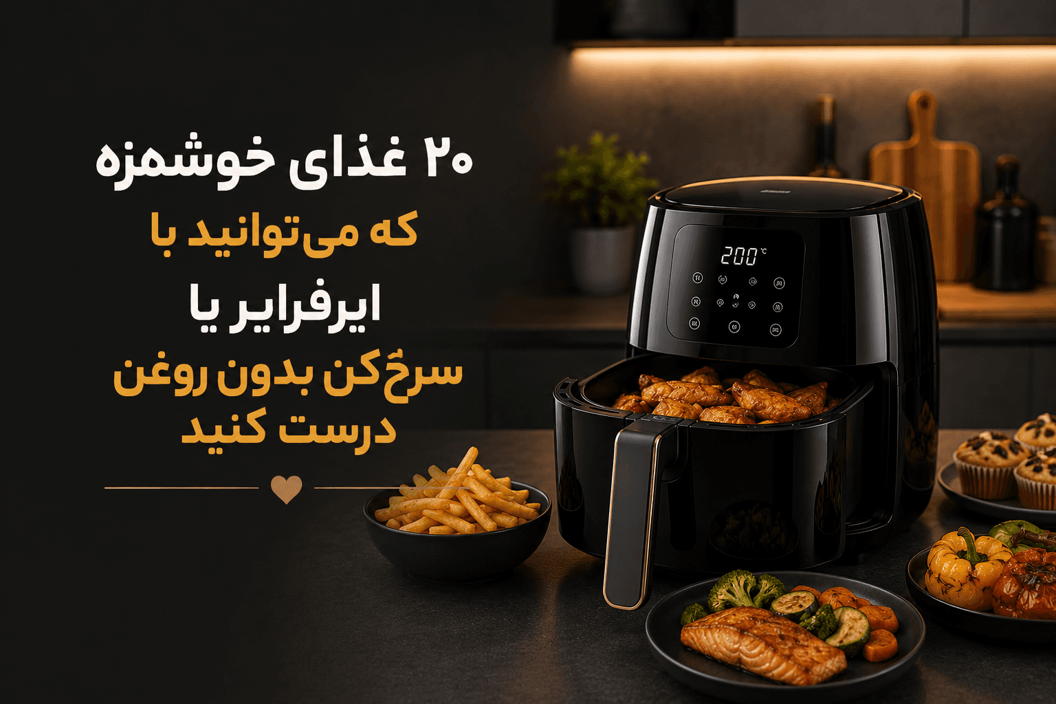 ۲۰ غذای خوشمزه که میتوانید با ایرفرایر یا سرخکن بدون روغن درست کنید؛ از سیبزمینی و مرغ سوخاری تا فلافل، پیتزا، ماهی، کیک و دسر همراه با زمان و دمای پخت.