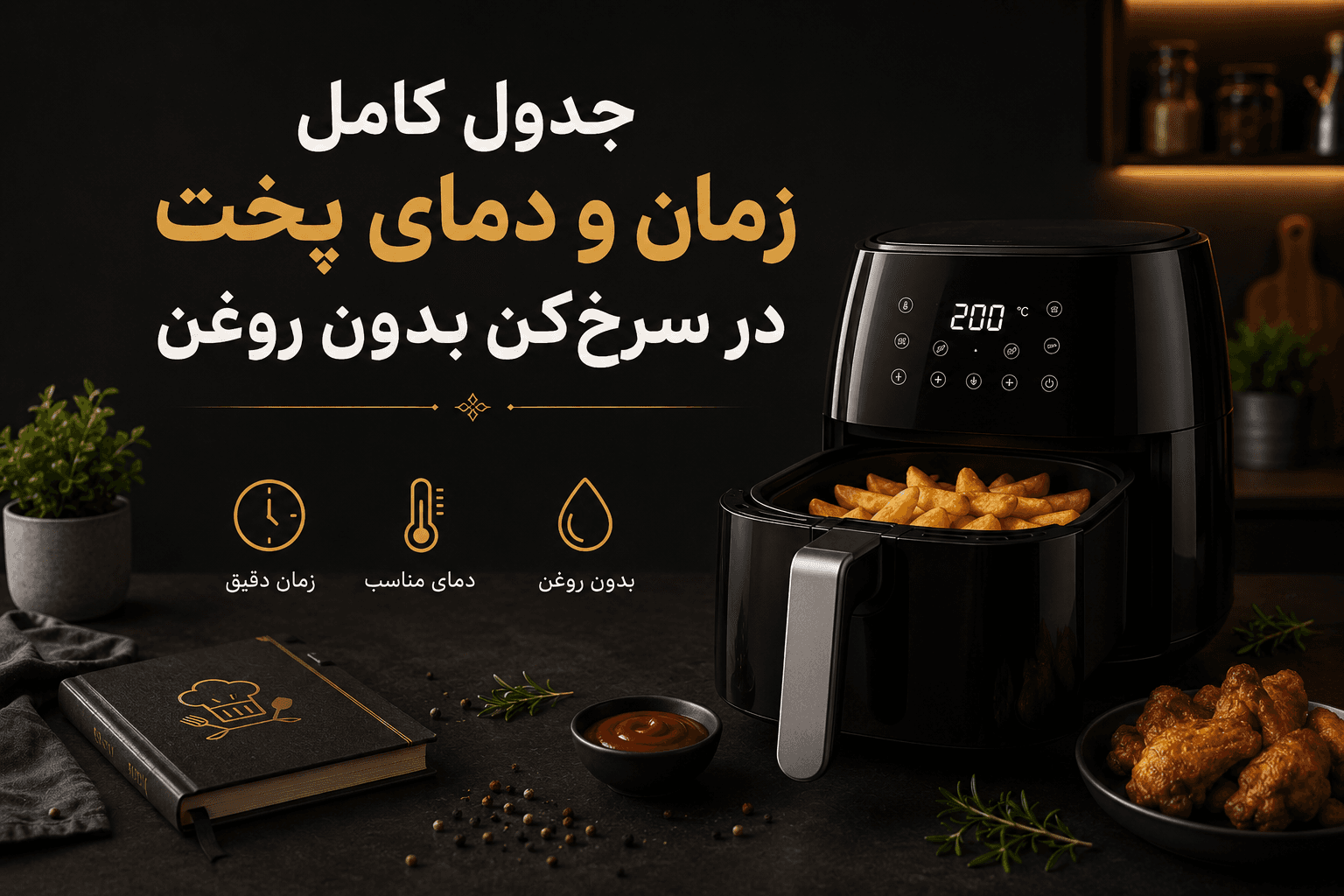 جدول کامل زمان و دمای پخت در سرخکن بدون روغن؛ راهنمای پخت سیبزمینی، مرغ، گوشت، ماهی، سبزیجات و شیرینی در ایرفرایر به همراه نکات کاربردی برای بهترین نتیجه.